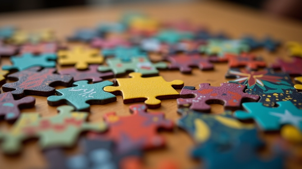 Close-up detail of colorful jigsaw puzzle pieces showing intricate artwork and varied piece shapes in process of assembly